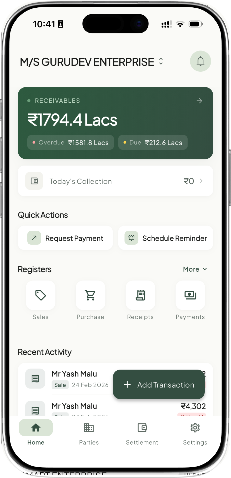 takkada app home screen showing receivables and collections